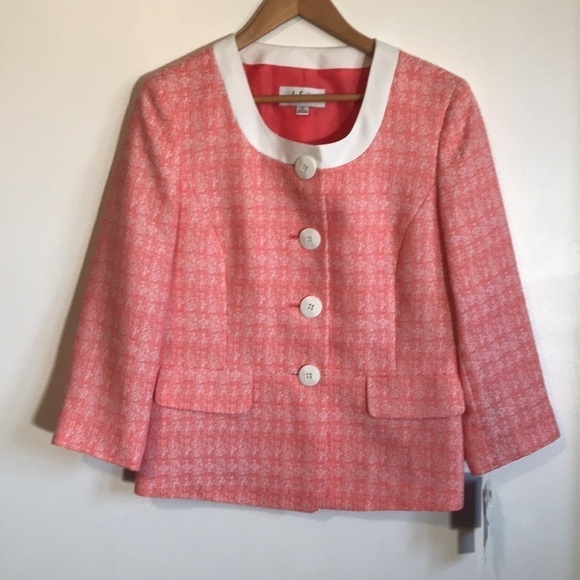 Nwt Le Suit tropical blooms papaya white blazer jacket size 10 - Picture 2 of 11